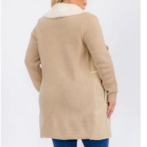 OnTwelfth Women’s Plus Size Open Front Faux Suede & Sherpa Lined Coat – Beige - Picture 10 of 12